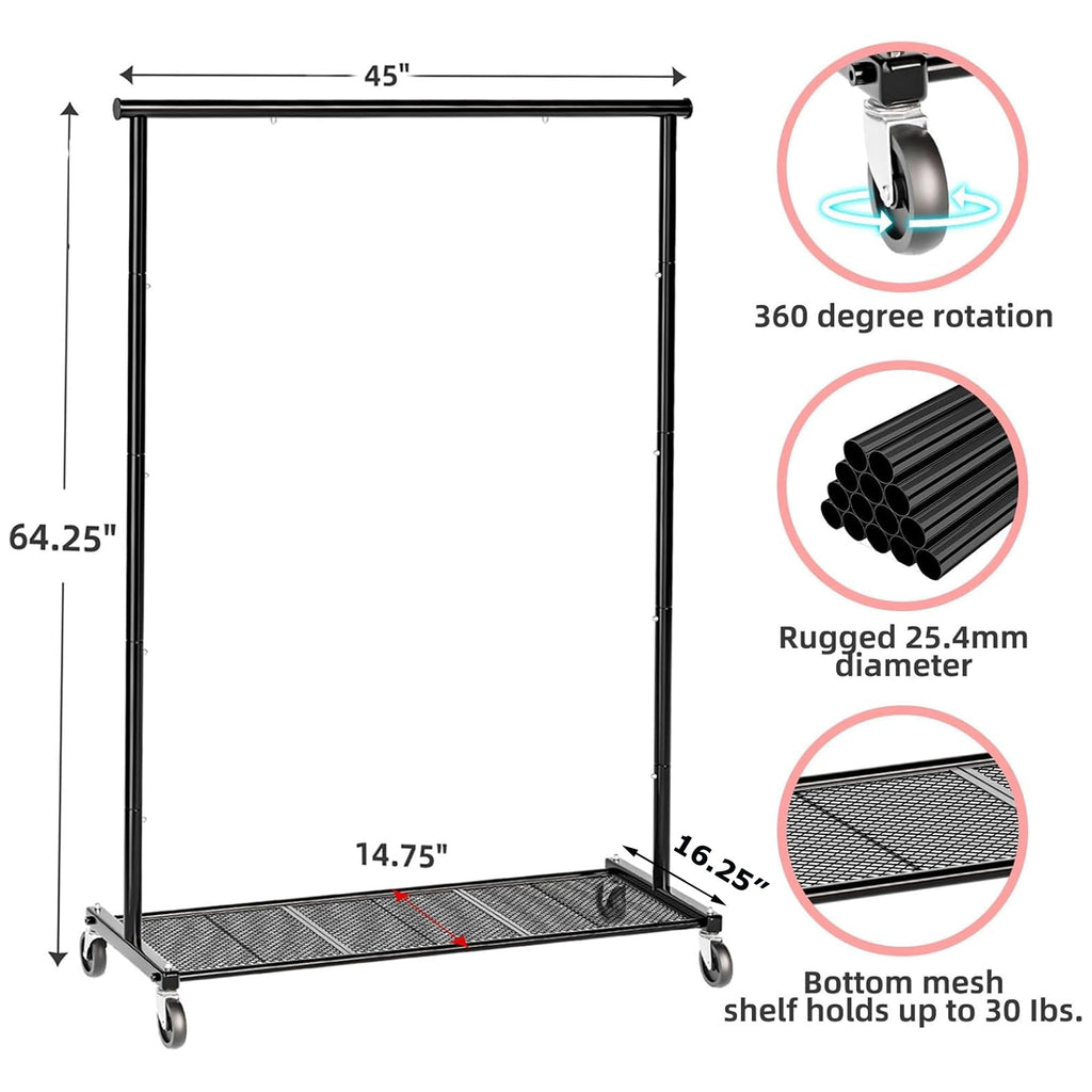 Clothes Rack for Hanging Clothes, 64.25 Inch Clothing Racks with Wheels, Portable Rolling Clothes Garment Rack