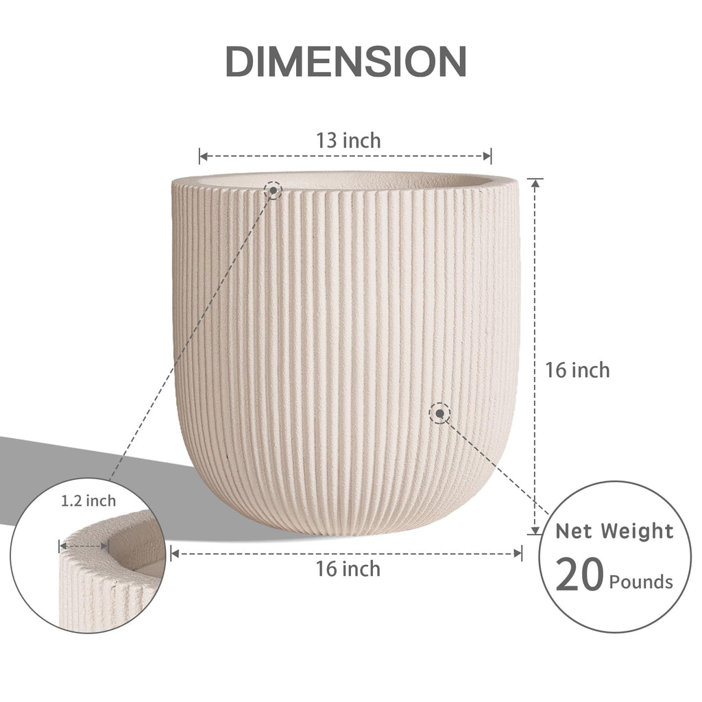 16" Pillar Fluted Outdoor Planter, Off-White, Modern Round Plant Pot