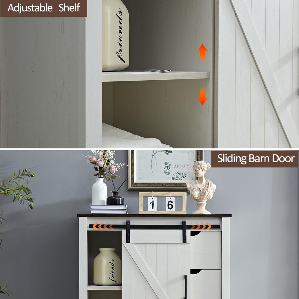 White Dresser with 5 Drawers, 48" Tall w/Sliding Barn Door, Farmhouse 5 Chest of Drawers, Antique White