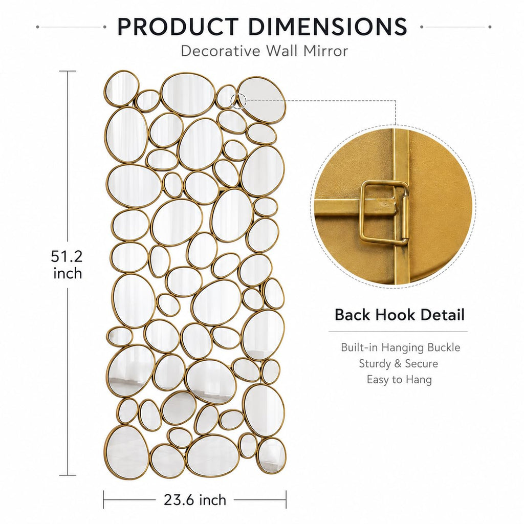 Gold Wall Mirrors Decorative - 51"x23" Large Modern Wall Mirror Decor, 55 Pieces Multi-Size Pebble Design Metal