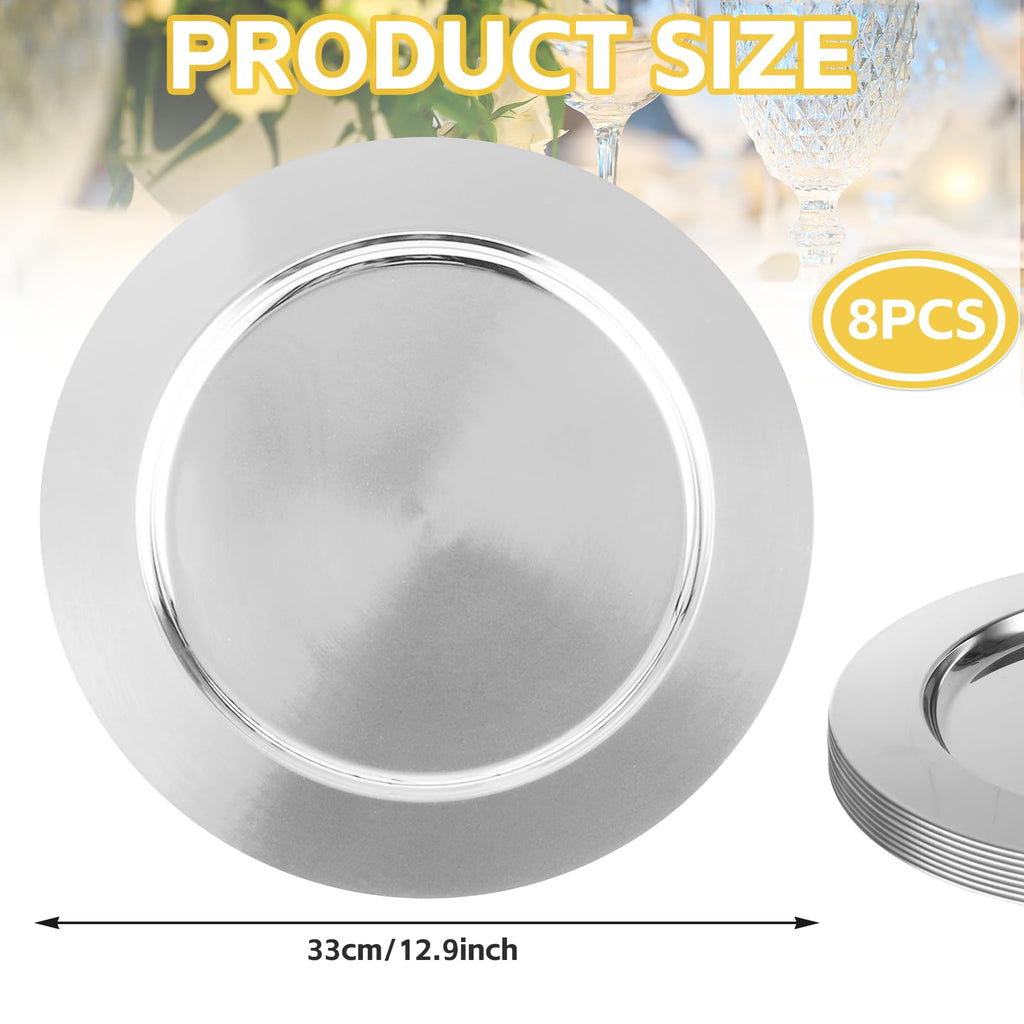 8PCS Stainless Steel Charger Plates 13inch Silver Charger Plate Metal Round Chargers for Dinner Plates Table Setting