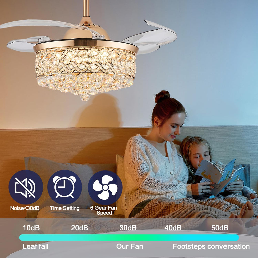 48" Modern Gold Fandelier,Dimmable Crystal Ceiling Fan with Light and Remote, Chandelier Ceiling Fans with Invisible