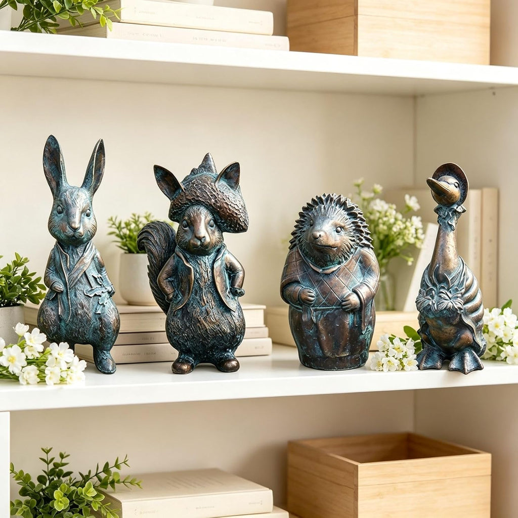 4-Piece Faux Bronze Resin Animal Statue Set Garden Decor Gift | Ideal gift set for garden lovers, housewarming