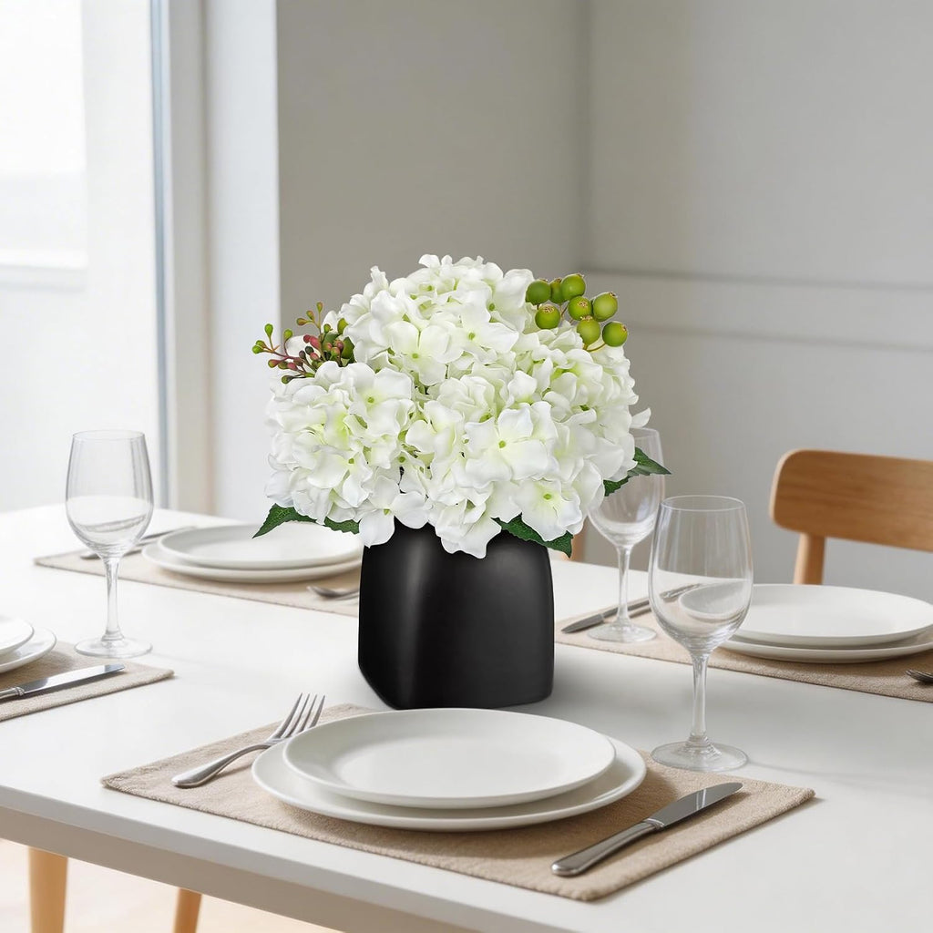 Artificial White Hydrangea Arrangement, Matte Black Vase Centerpiece