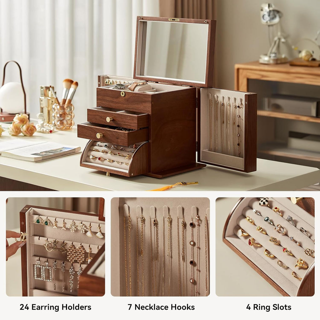 Black Walnut Wooden Jewelry Box for Women, 4 Layer