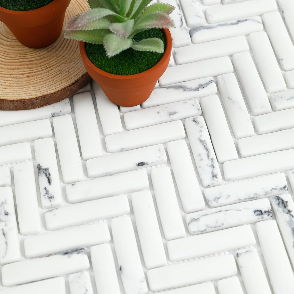 Carrara White Marble Look 3D Herringbone Recycled Glass Matte Mosaic Tile Shower Kitchen Backsplash, Floor 5 Sheet