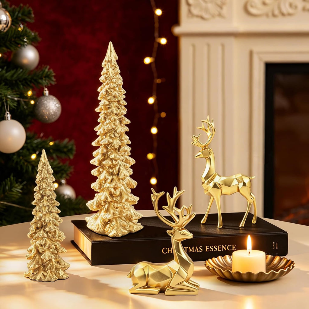 Gold Christmas Table Decoration Set of 4, 2 Xmas Tree & 2 Reindeer