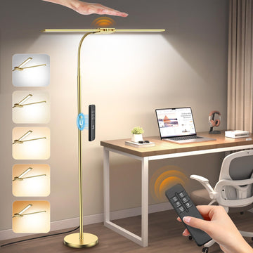 LED Floor Lamp, 18W Bright Reading Floor Lamp, Gesture & Remote Control, Dual Head Gooseneck Standing Lamp