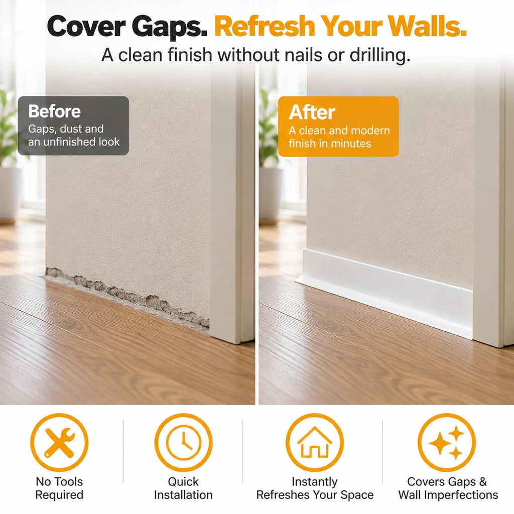 Flexible Vinyl Baseboard Trim 60 Ft, Peel and Stick Wall Base