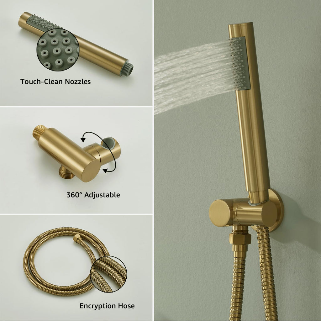 Brushed Gold Shower System Wall Mounted Shower Faucet Mixer Set with 12 Inches Rain Shower head and Handheld
