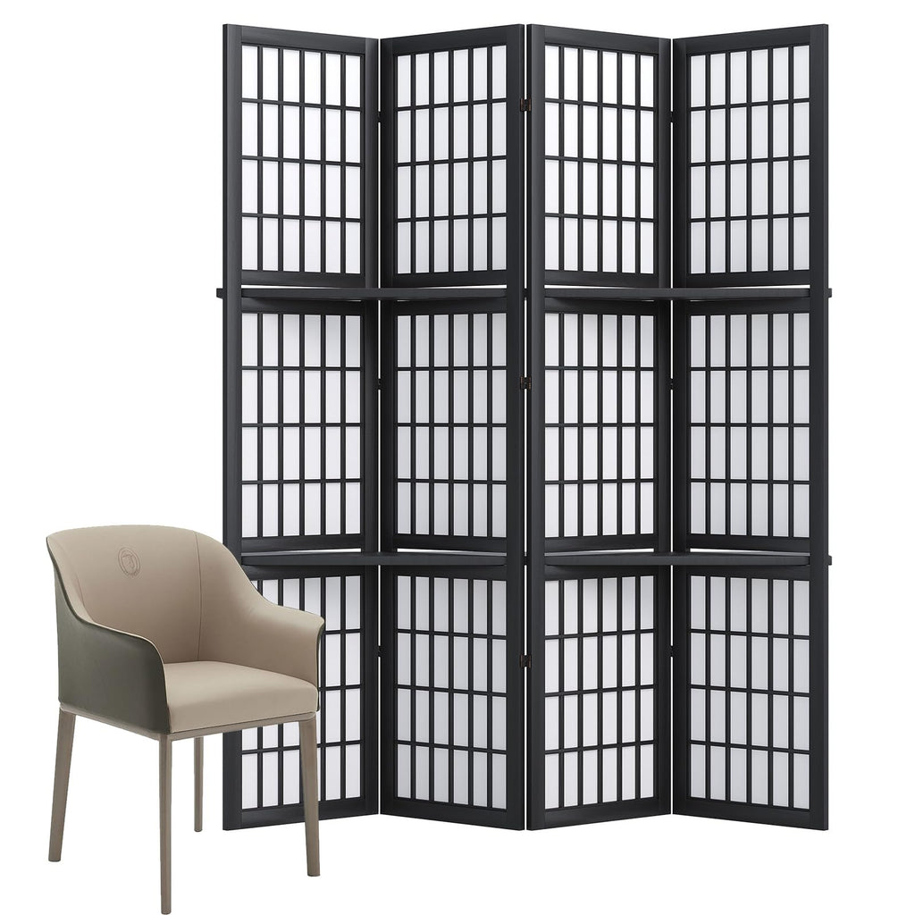 Room Divider with Shelves, 66.9-Inch Tall Japanese Shoji Style Wood Screen with Double Hinges Bedroom Hotel