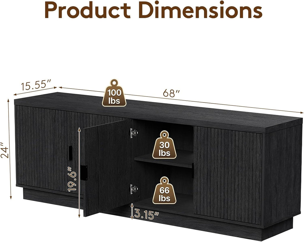 Fluted TV Stand for up to 75" TVs, 68" Entertainment Center with 4 Doors, Modern Media Console with Adjustable