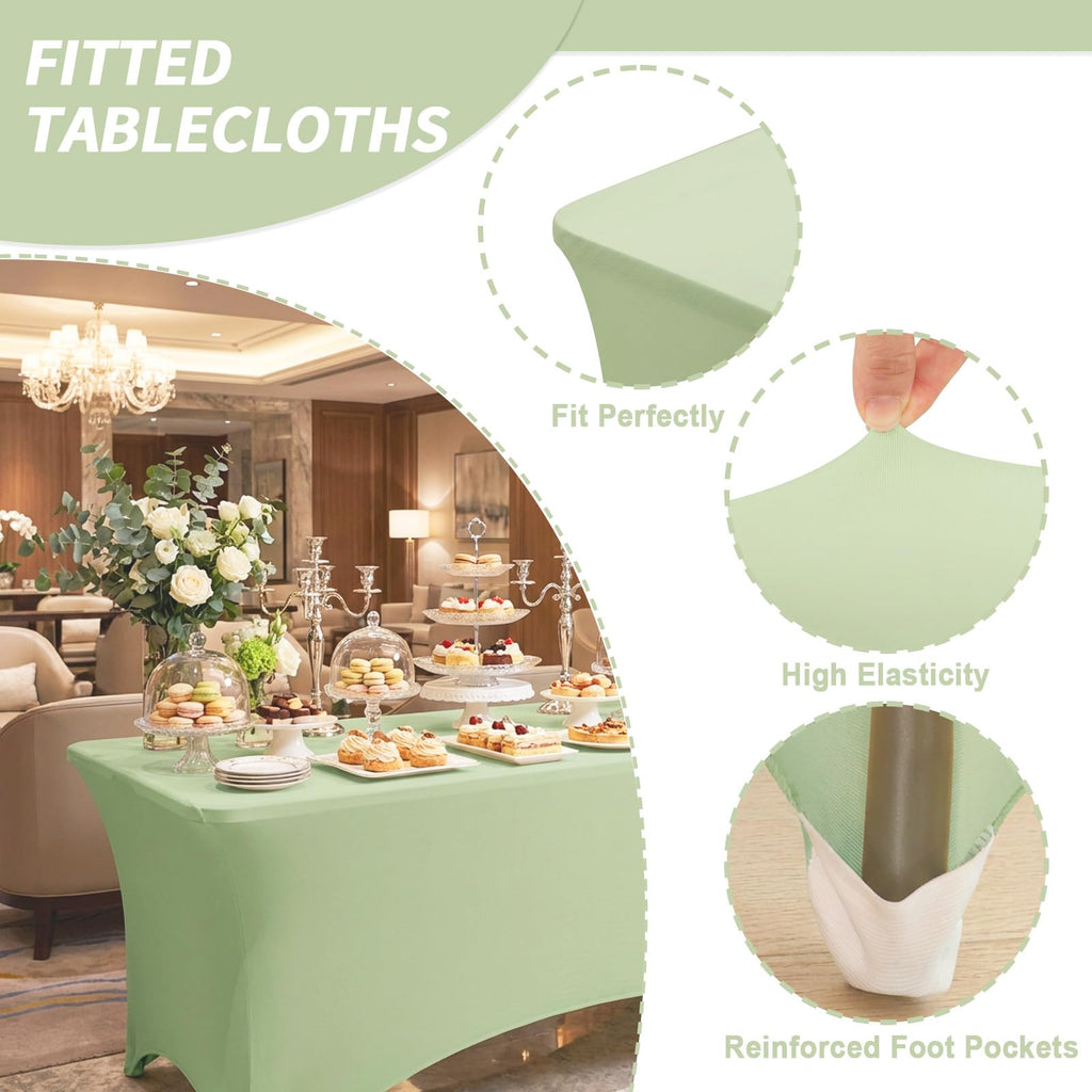 3 Pack 6FT Sage Green Tablecloth Rectangle Spandex Table Cover