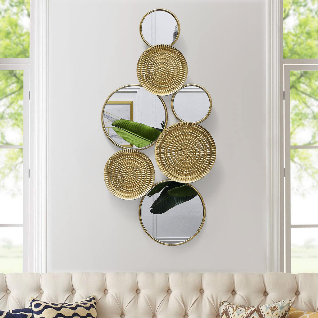 Decor Metal Wall Decor with Multi Circle Plates Mirror, Large Modern Wall Art Sculpture Decor, 43.3 X 1.9 X