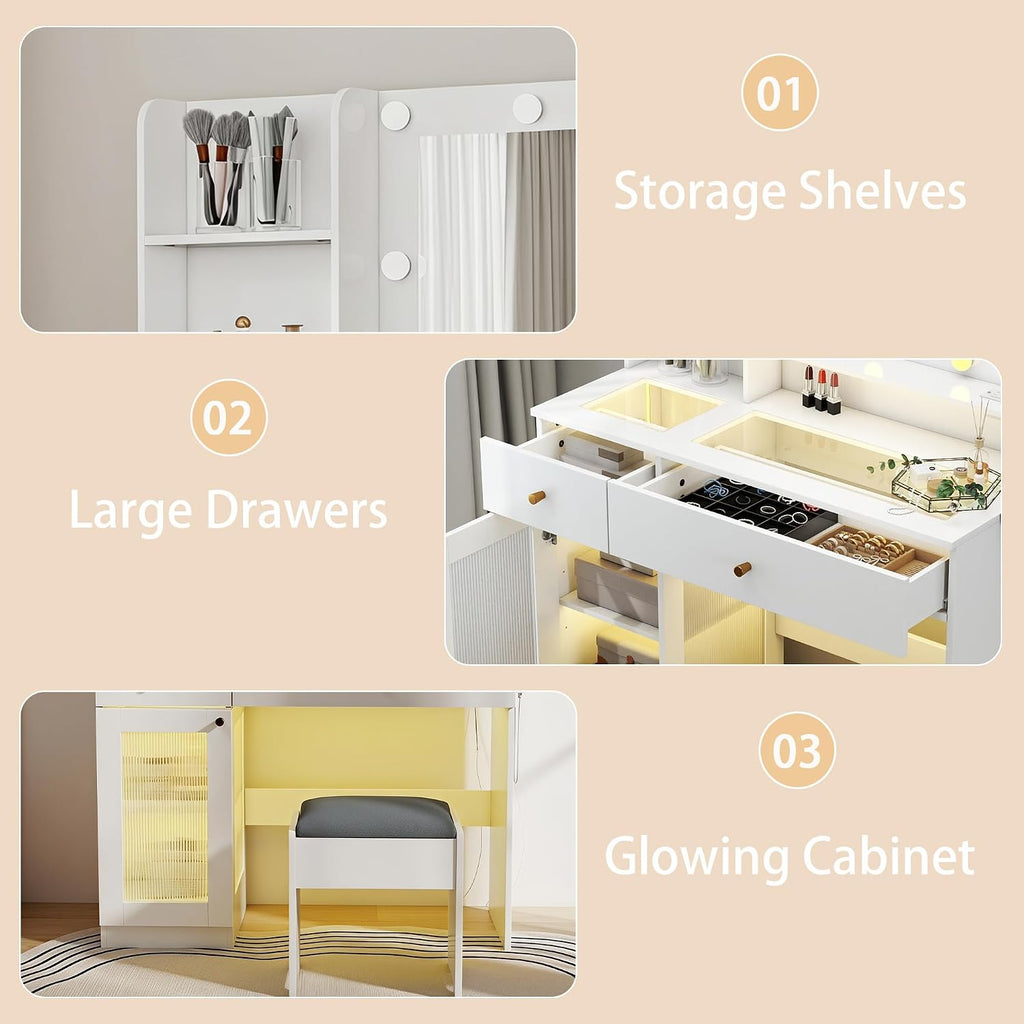 White Makeup Vanity Desk: 40" Vanity Desk with Mirror and Lights and Chair, Modern Makeup Table with Glass Top, 4