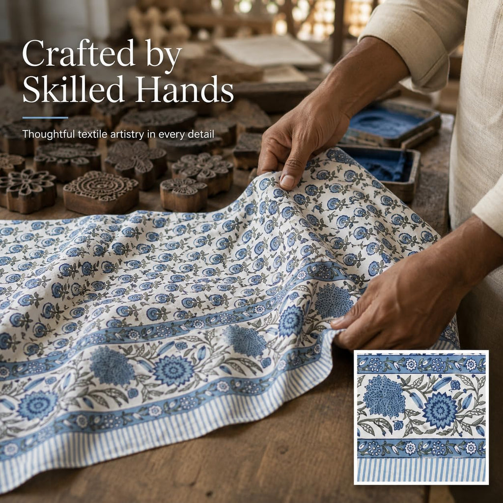 Cotton Rectangular Fall Tablecloth, Handblock Floral Linen Table Cloth Dining Table I Parties Weddings Outdoors