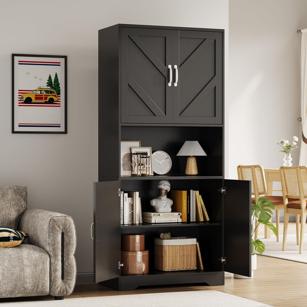 70" Kitchen Pantry Storage Cabinet, Tall Wood Sideboard, Black