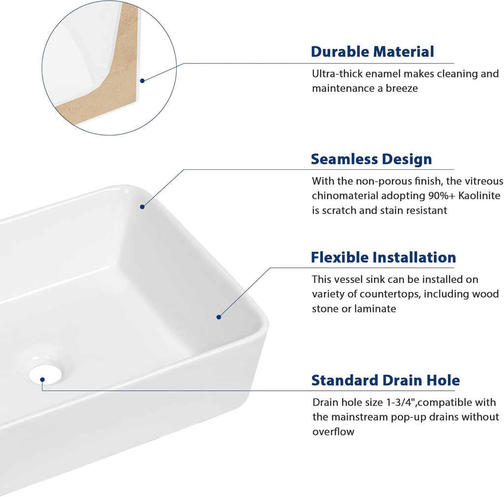 Sarlai Vessel Sink Rectangular - 19"x15" White Bathroom Sink Rectangle Above Counter Porcelain Ceramic Bathroom Vessel