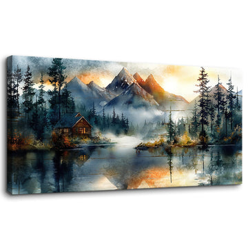 Large Mountain Cabin Wall Art 48x24 Rustic Lake Panoramic Canvas Print