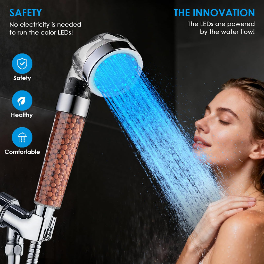 Temperature Controlled 3-color Changing Shower Head Kit, Water Saving Showerheads with Filtration Beads, LED High