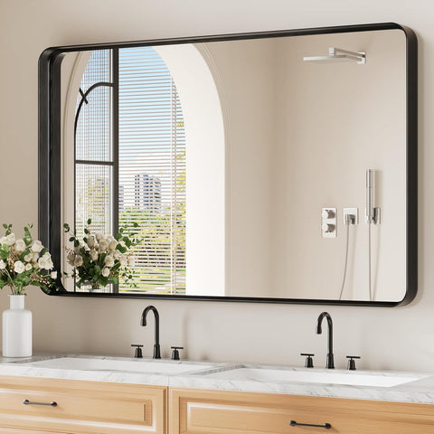 Black Wall Mirror , 30x48 Inch Matte Deep Framed Rounded Rectangle Vanity Mirror for Farmhouse Living Room, Tempered