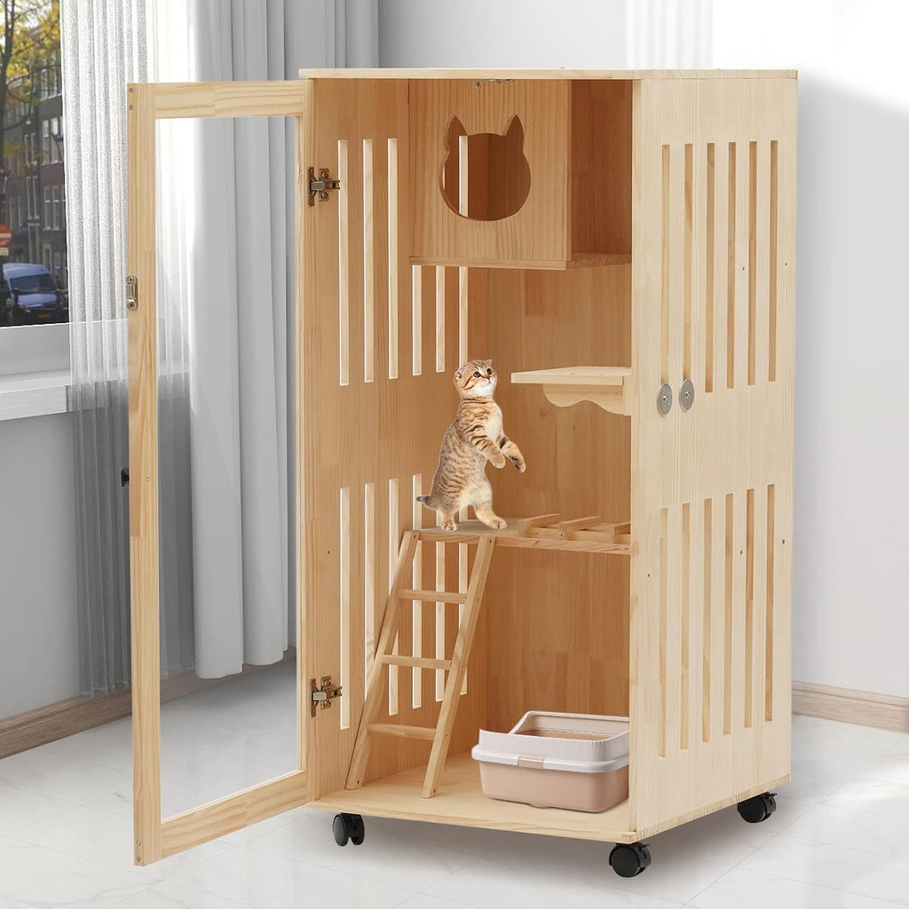 Wooden Cat House Large Space, Cat House Catio Outdoor Cat Enclosure Wooden Cage Large Cat Cage with Wheels, Clear