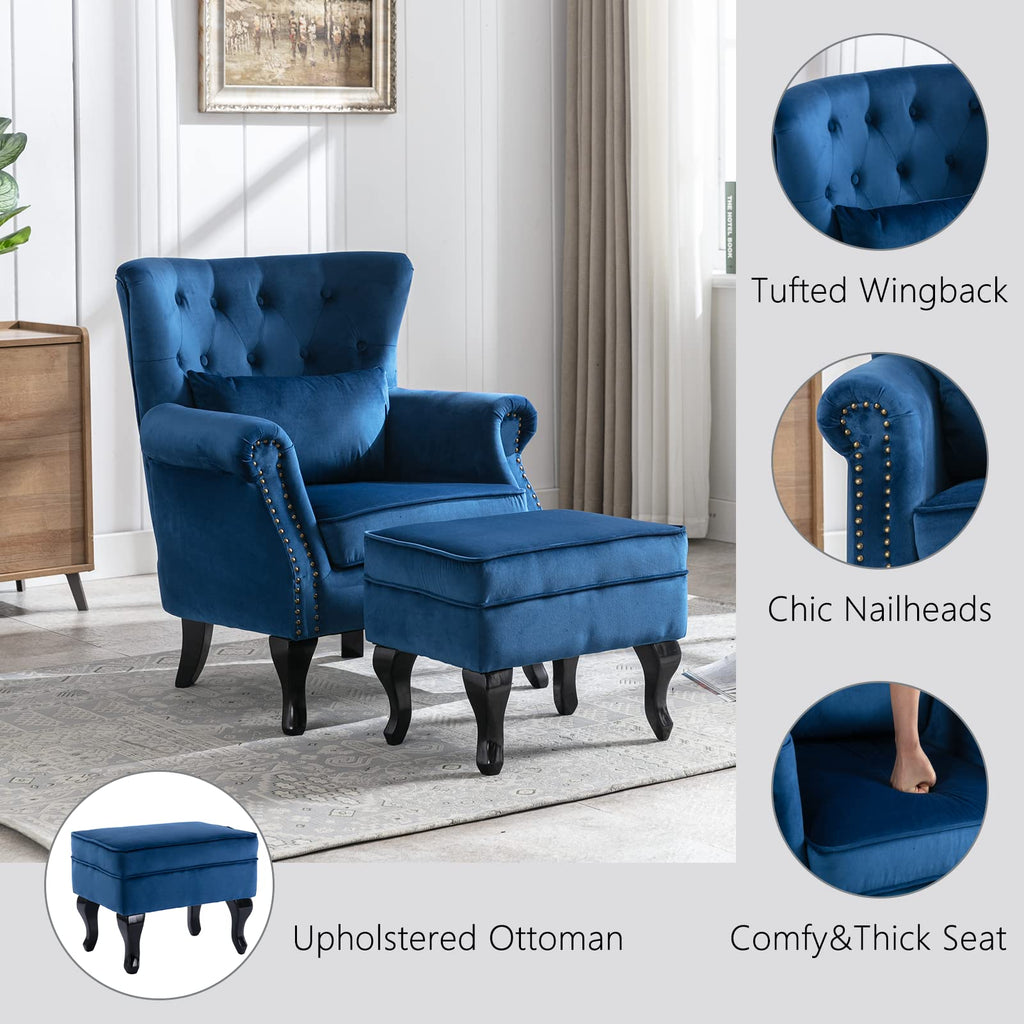 Mid Century Modern Accent Chair Upholstered Armchair Comfy Velvet Tufted Wingback Single Sofa with Ottoman Living