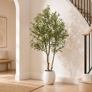Faux Olive Trees Indoor, 7FT Tall Fake Olive Tree with Black Planter