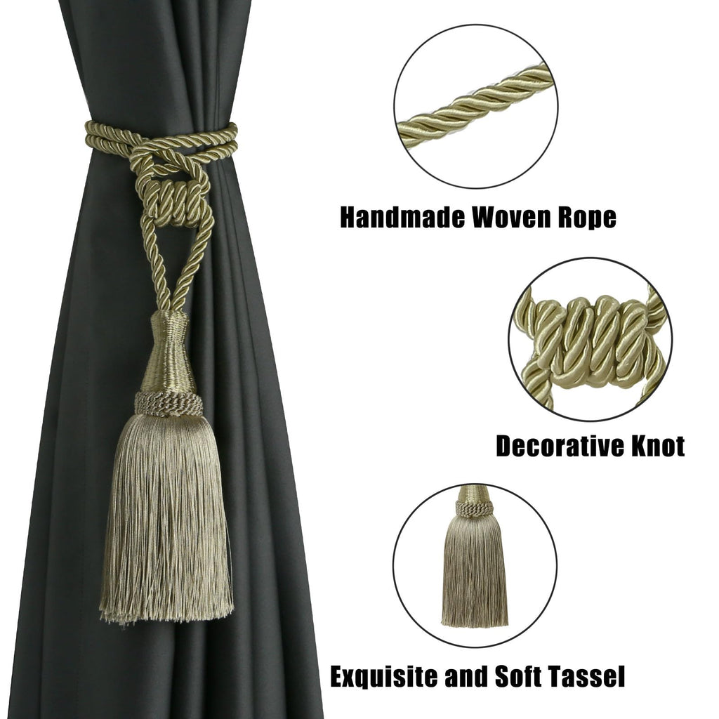 Tassel Curtain Tiebacks Handmade Holdbacks (Dark Beige) - 4 Pack