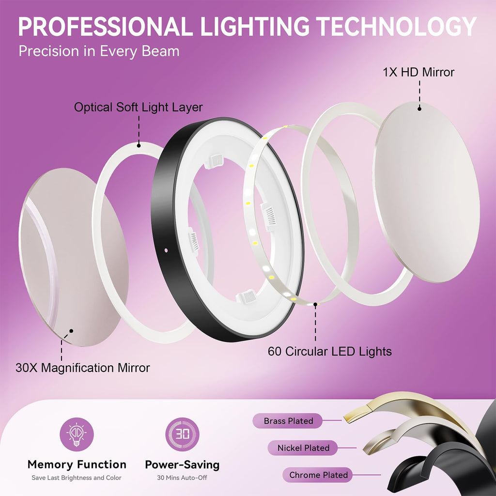 9" 1X/30X Lighted Makeup Mirror, Rechargeable Maginfying Mirror