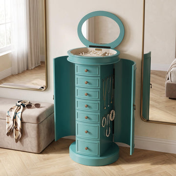 Bailey Oval Standing Jewelry Armoire Cabinet, Jewelry Storage Organizer with Mirror Lid, Side Doors, 7 Drawers
