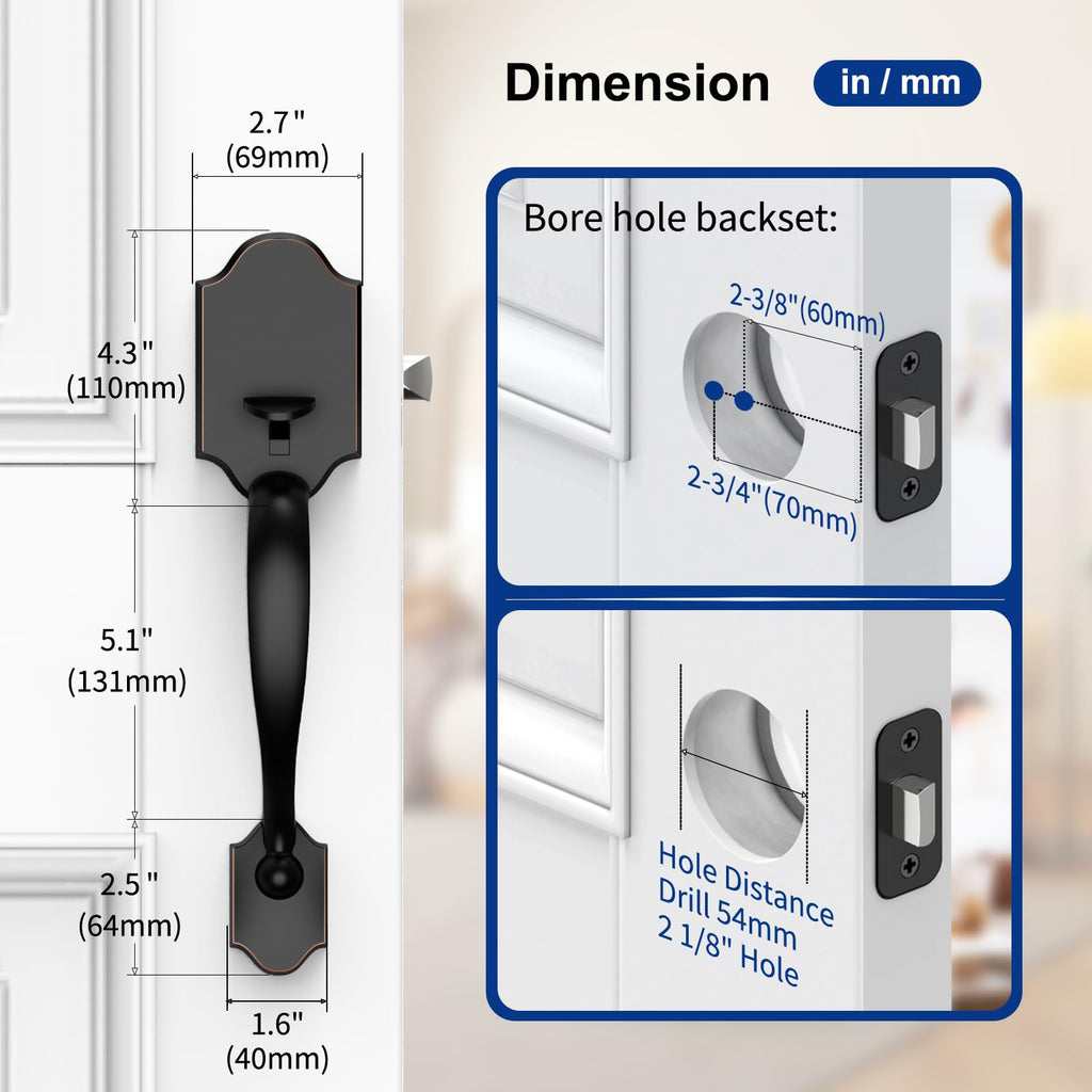Front Door Handle No Lock, Oil-Rubbed Bronze Entry Door Lock Set with Reversible Handle, Exterior Door Lock Set