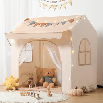 Kids Play Tent with Eave, Toddler Tent 2 in 1 with Padded Mat and Lights, Large Playhouse with 2 Doors & 2 Windows