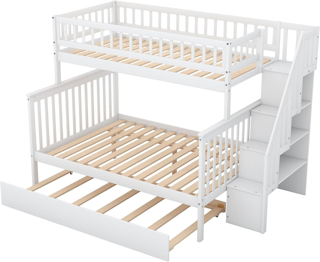 Wood Twin Over Full Bunk Bed with Trundle and Stairs