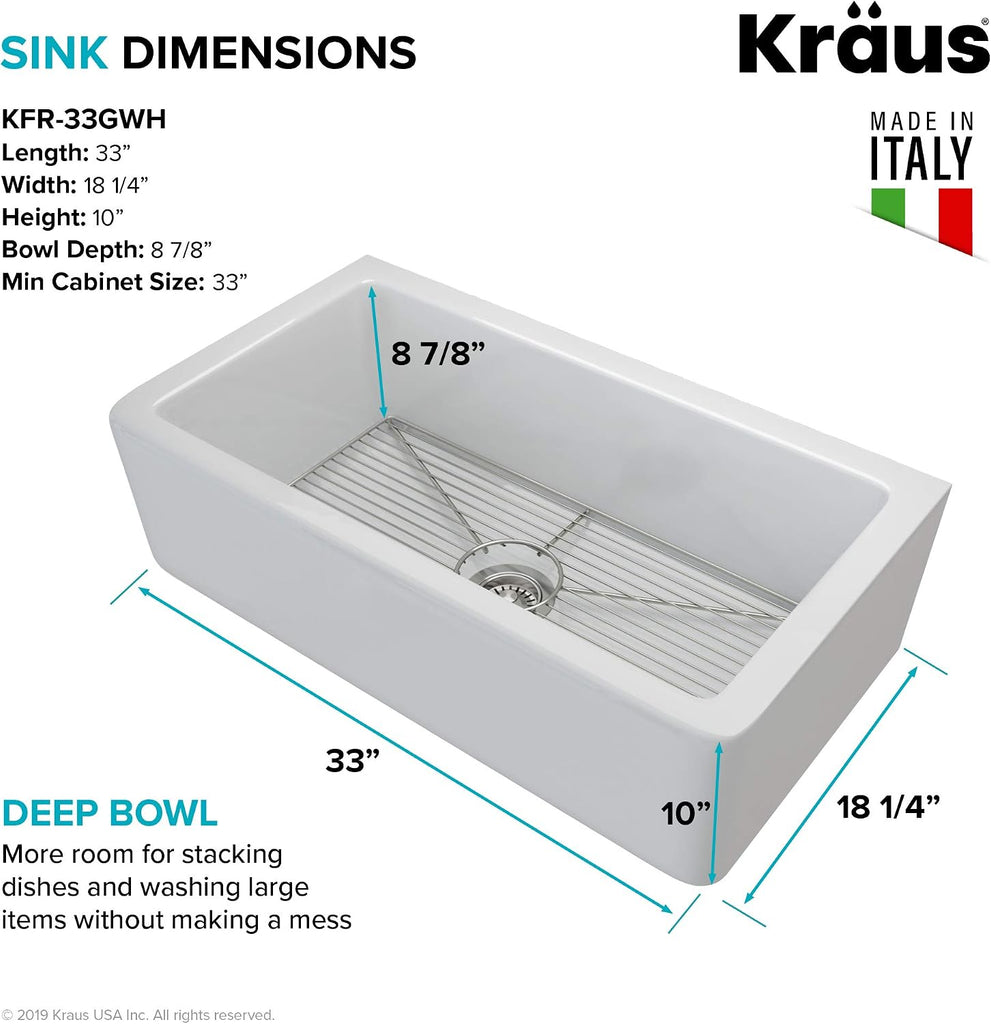 KFR1-33GWH Turino Reversible 33-inch Fireclay Farmhouse Flat Apron Front Single Bowl Kitchen Sink with Bottom Grid in