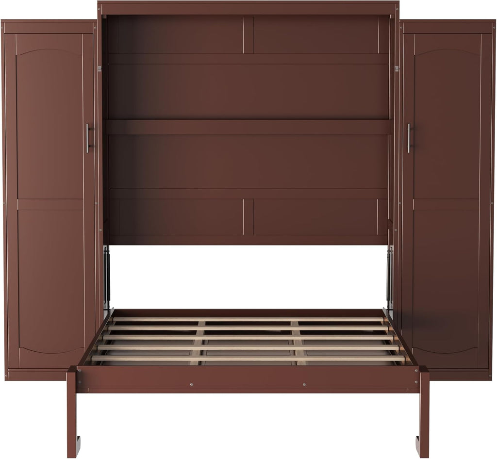 Full Murphy Bed Wall Cabinet with 2 Wardrobe & Storage Shelf, Wood Foldable Platform Bed Frame for Guest Room