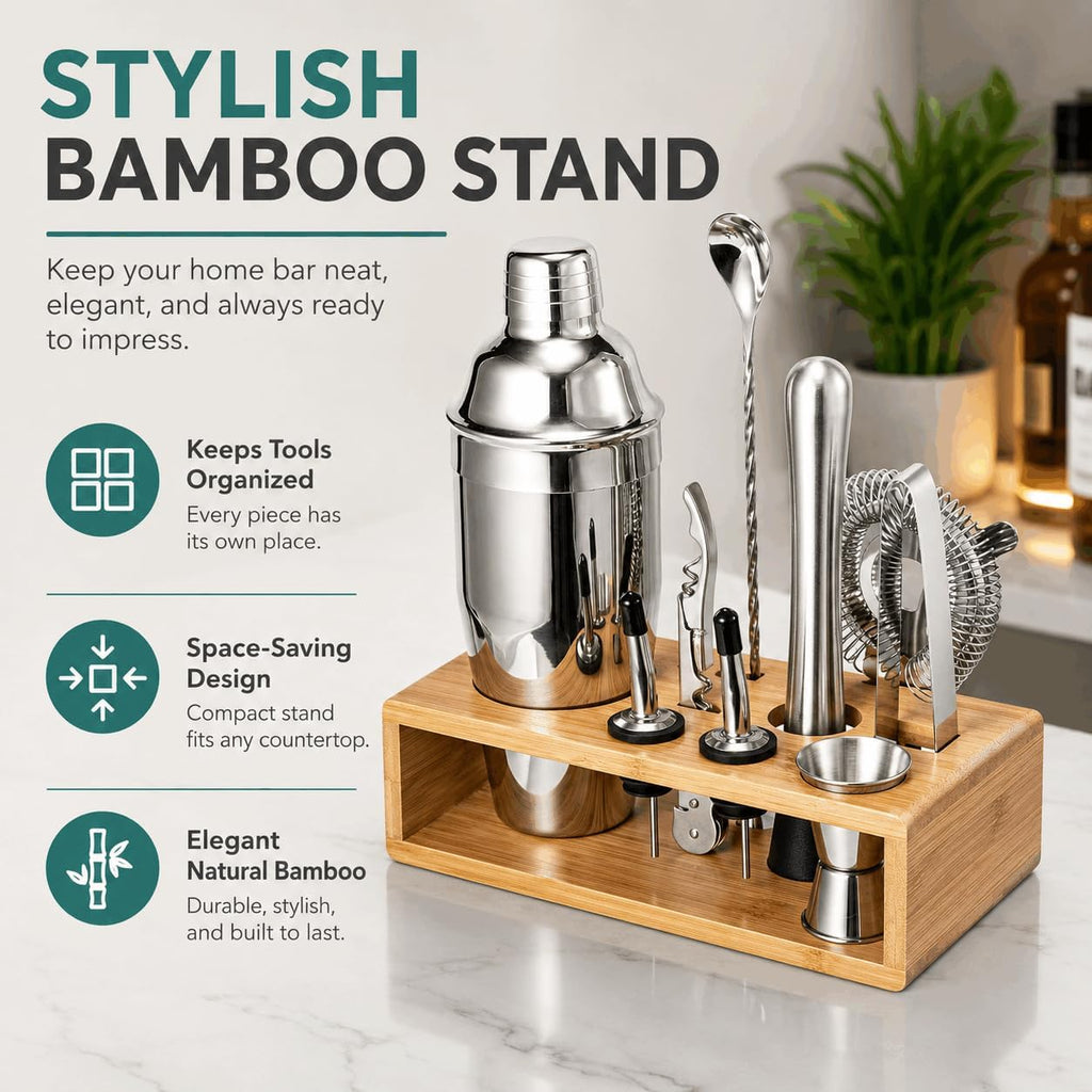 Cocktail Shaker Set, 18/8 Food-Grade Stainless Steel Mixology Bartender Kit 10-Piece Bar Tools with Stylish Bamboo - Set of 10