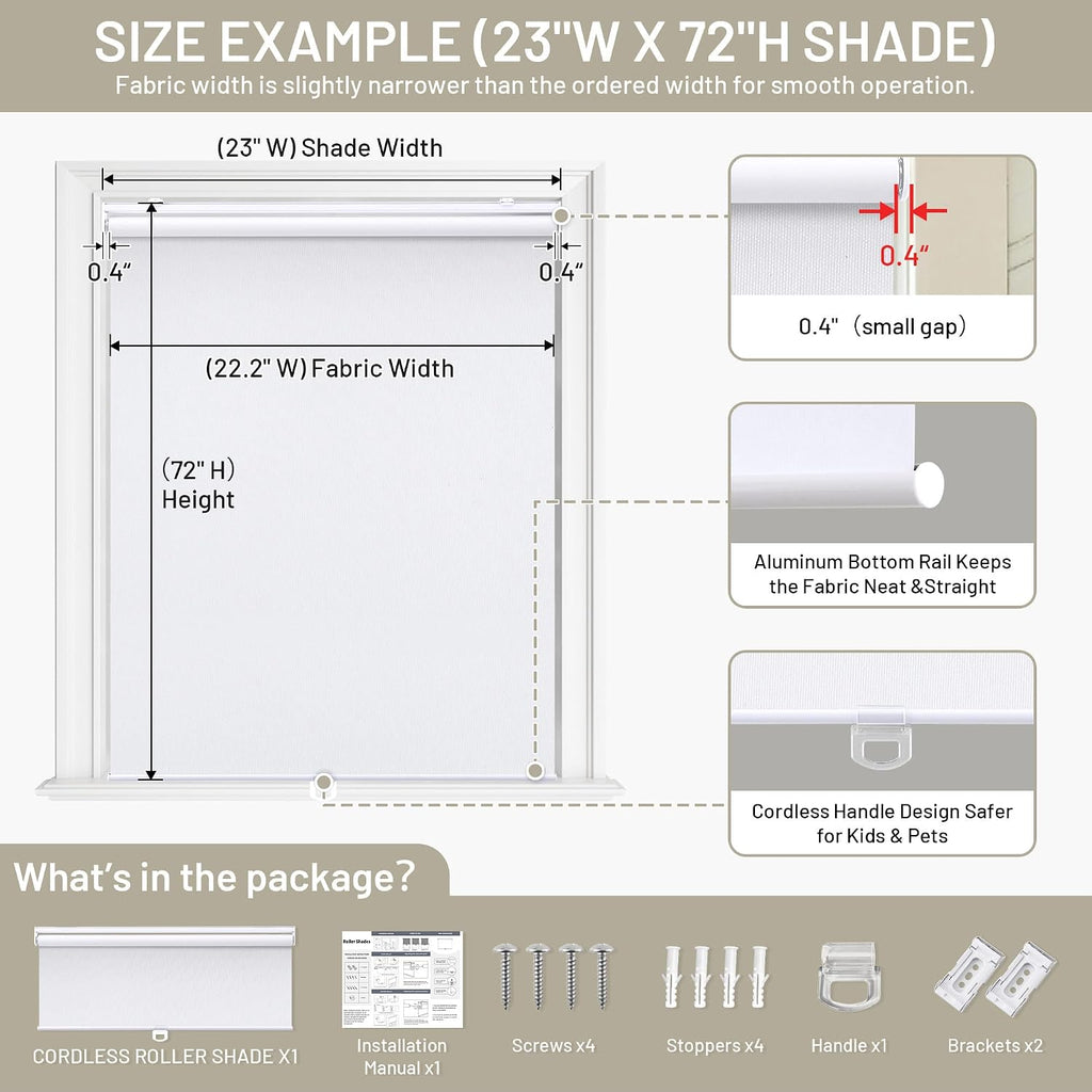 Blackout Cordless Roller Shades Blinds, White | Blackout Fabric UV Thermal Insulated,Spring System For Windows