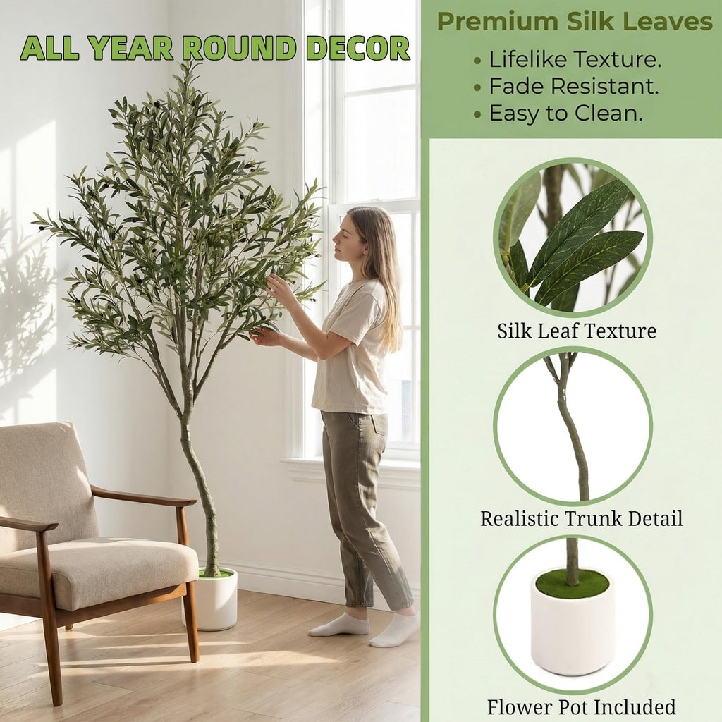 7ft Fake Olive Tree Artificial Indoor, Faux Olive Tree with Pot, Large Olive Branches and Lifelike Fruits, House Living