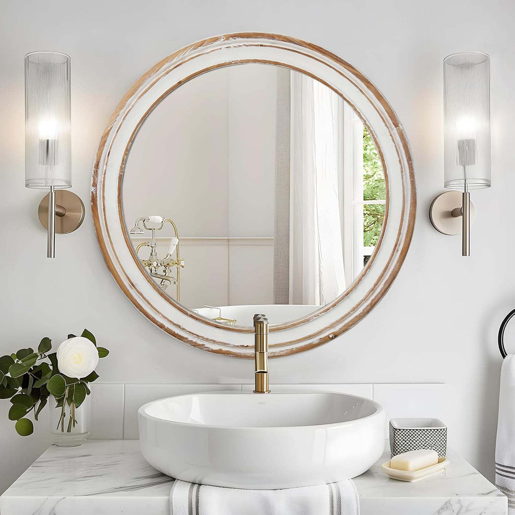 Round Wall Mirror with Distressed Wood Frame, Rustic Farmhouse Style, Ideal Decor (35.43x35.43)