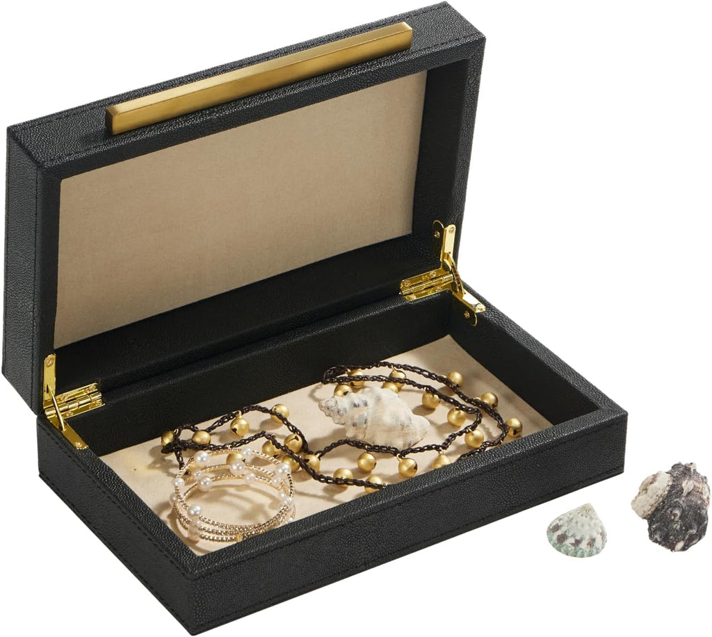 Sagala Black Decorative Shagreen Box With Gold Handle, Keepsake Box Jewelry Organizer Box, Faux Leather Storage Box