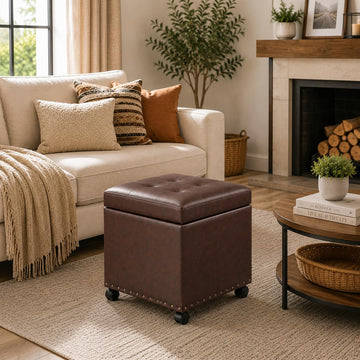 17.7" Square Ottoman with Storage Leather Ottoman with Wheels