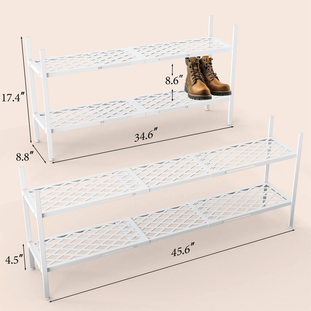 Long Expandable Metal Shoe Rack for Closet, Entryway, Garage, 2-Tier, White