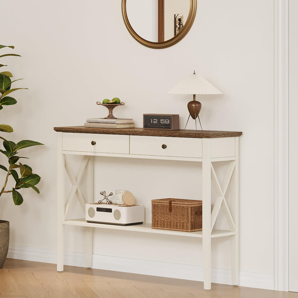 39" Farmhouse Entryway Table with Drawers and Storage Shelf
