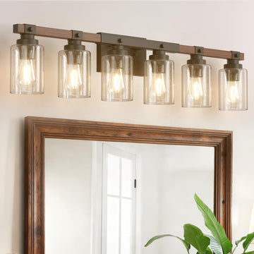6-Light Farmhouse Bathroom Vanity Light, Seeded Glass, Black & Wood