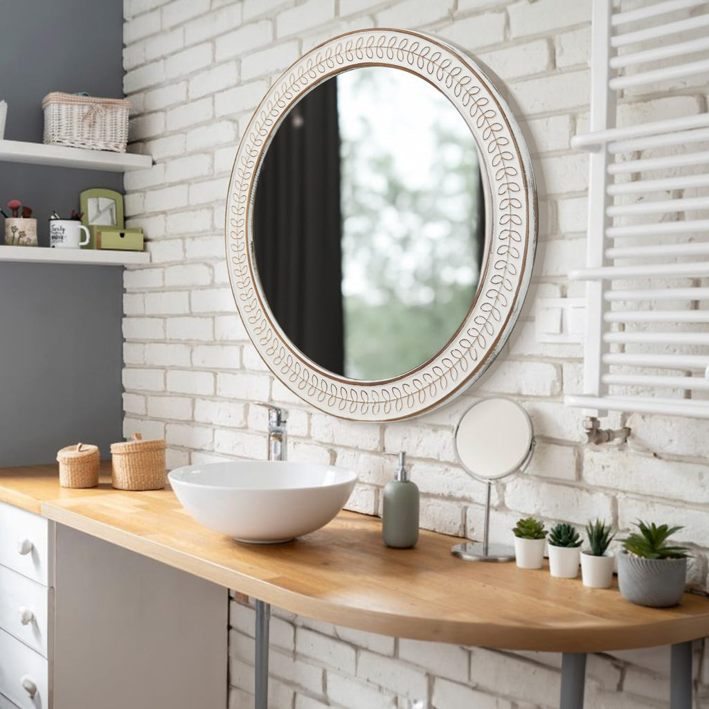 26 inch Round Mirrors for Wall Wood Circle Mirror with Carved Frame Rustic Accent Distressed Decorative Bedroom