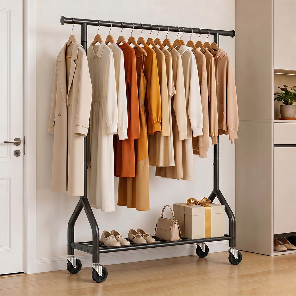 Rolling Clothes Rack with Shelf, Garment Rack Load 210Lbs, Black