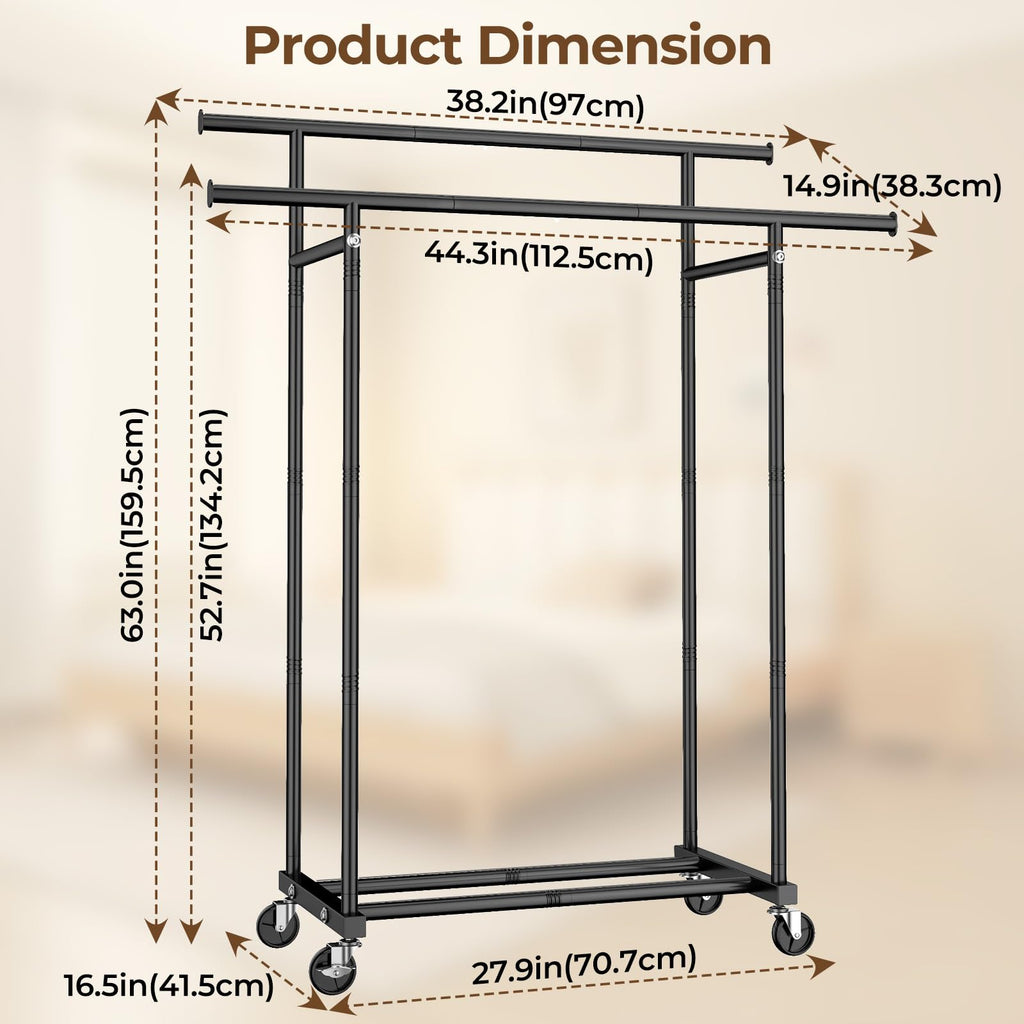 Double Rods Clothes Rack, Rolling Clothing Rack for Hanging Clothes Portable Wardrobe, Metal Garment Rack Sturdy Coat