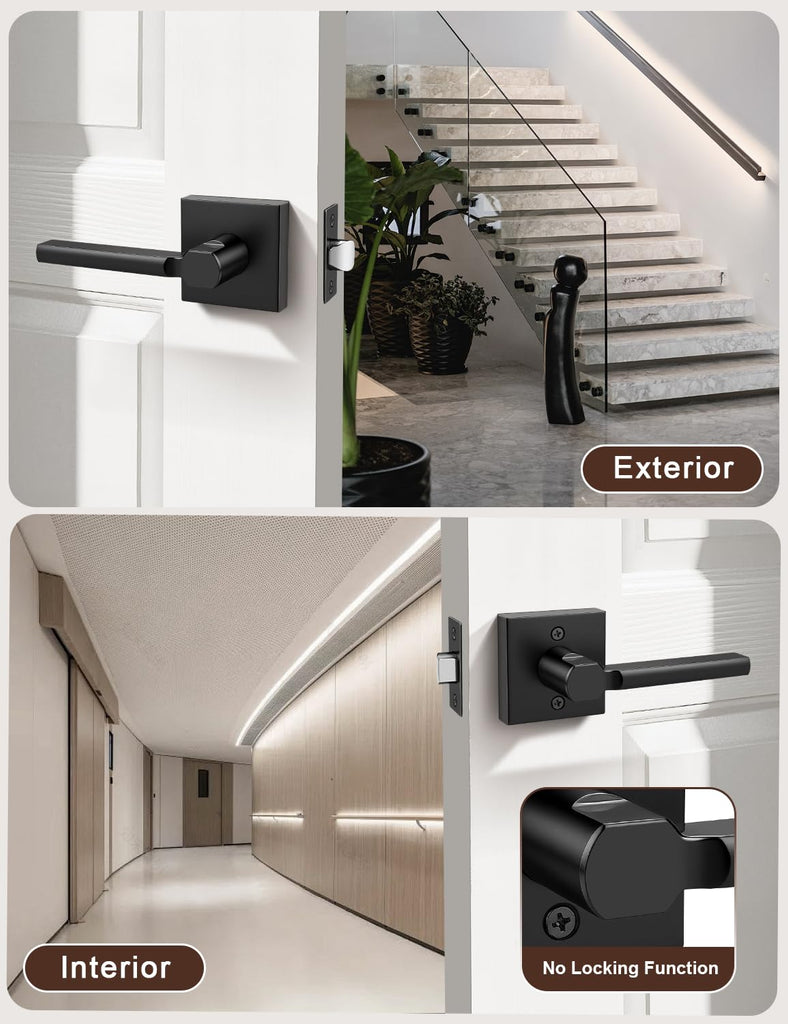 6 Pack Square Black Door Handles Interior, Non-Locking Interior Passage Door Lock Hallway/Closet Door Lever, Heavy