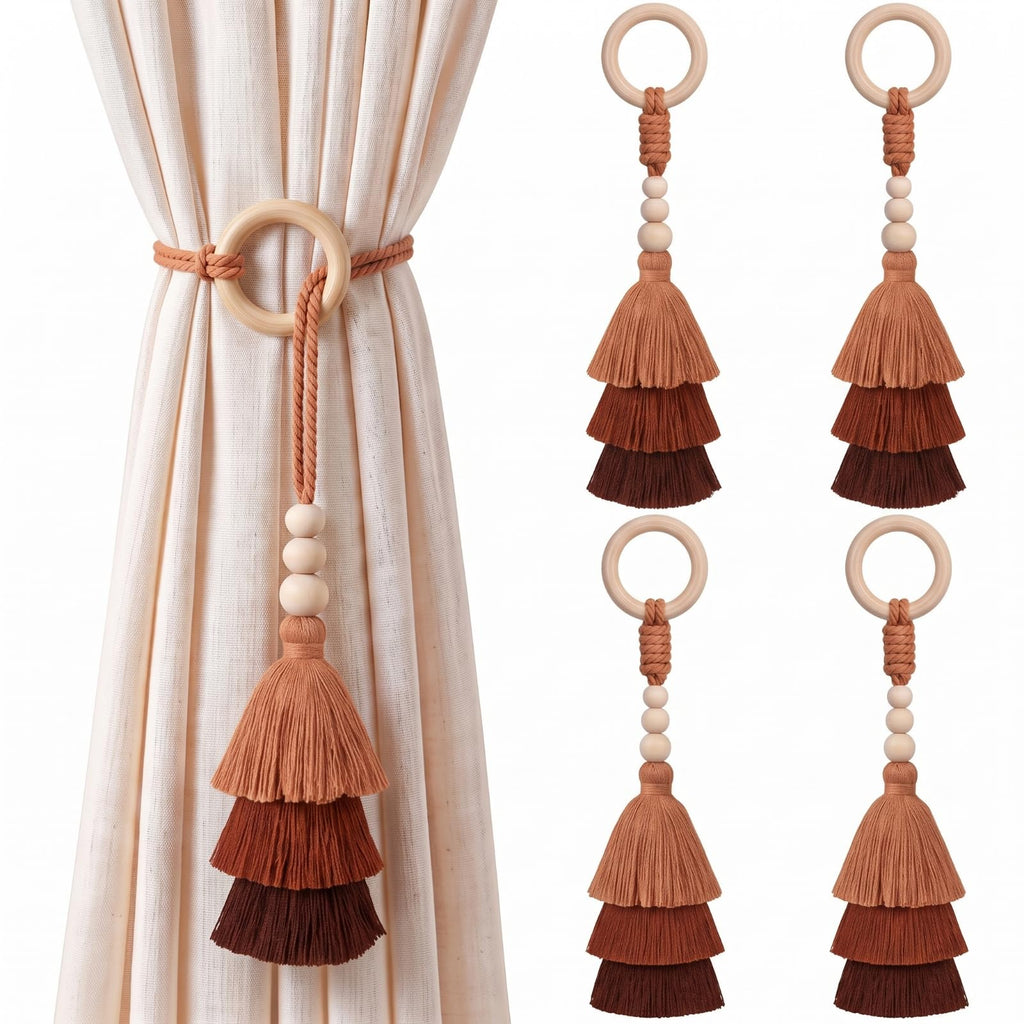 Boho Curtain Tiebacks with Wooden Beads Rings, Terracotta - 4 Pcs